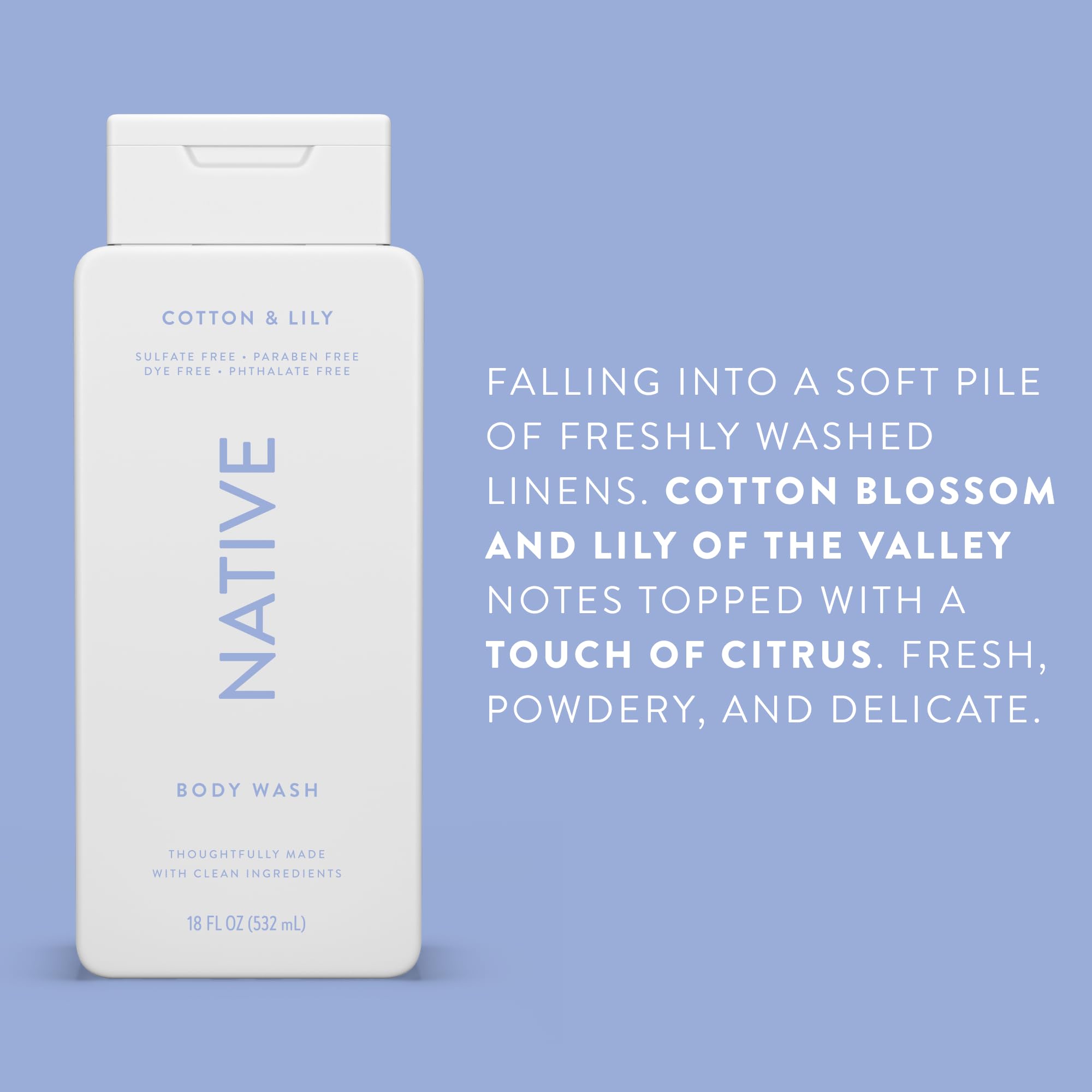 Native Cotton & Lily shower foam demonstrates a vegan, cruelty-free cleanse experience.