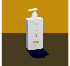 Native coconut milk turmeric shampoo lather close-up emphasizing plant-based cleansers