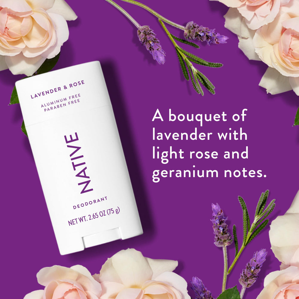 Native Lavender Rose aluminum-free label emphasizes clean, phthalate-free formulation.