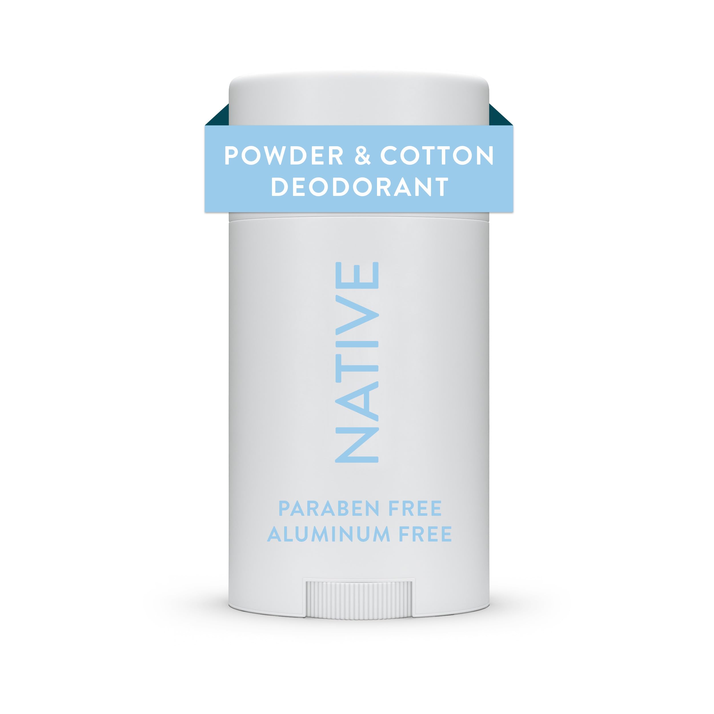 Native Deodorant powder-cotton packaging shows aluminum-free formula for long-lasting freshness.