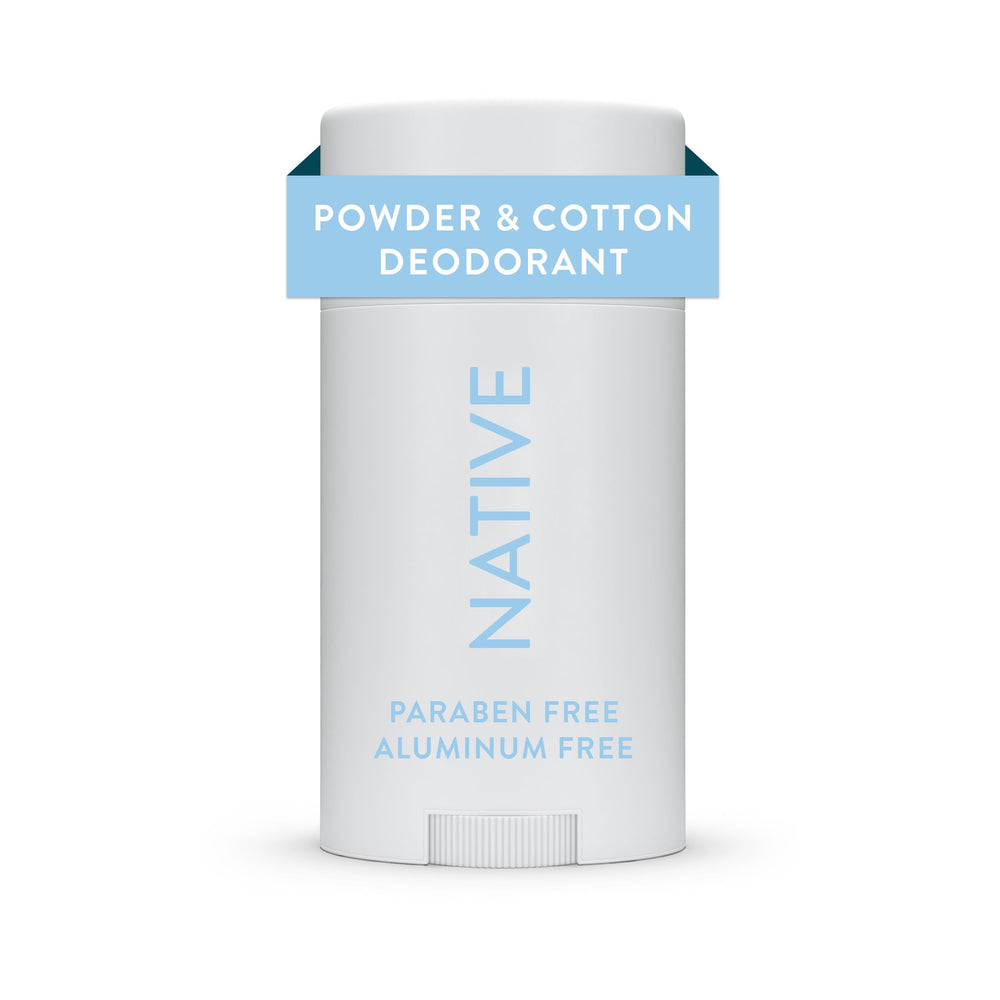 Native Deodorant powder-cotton packaging shows aluminum-free formula for long-lasting freshness.
