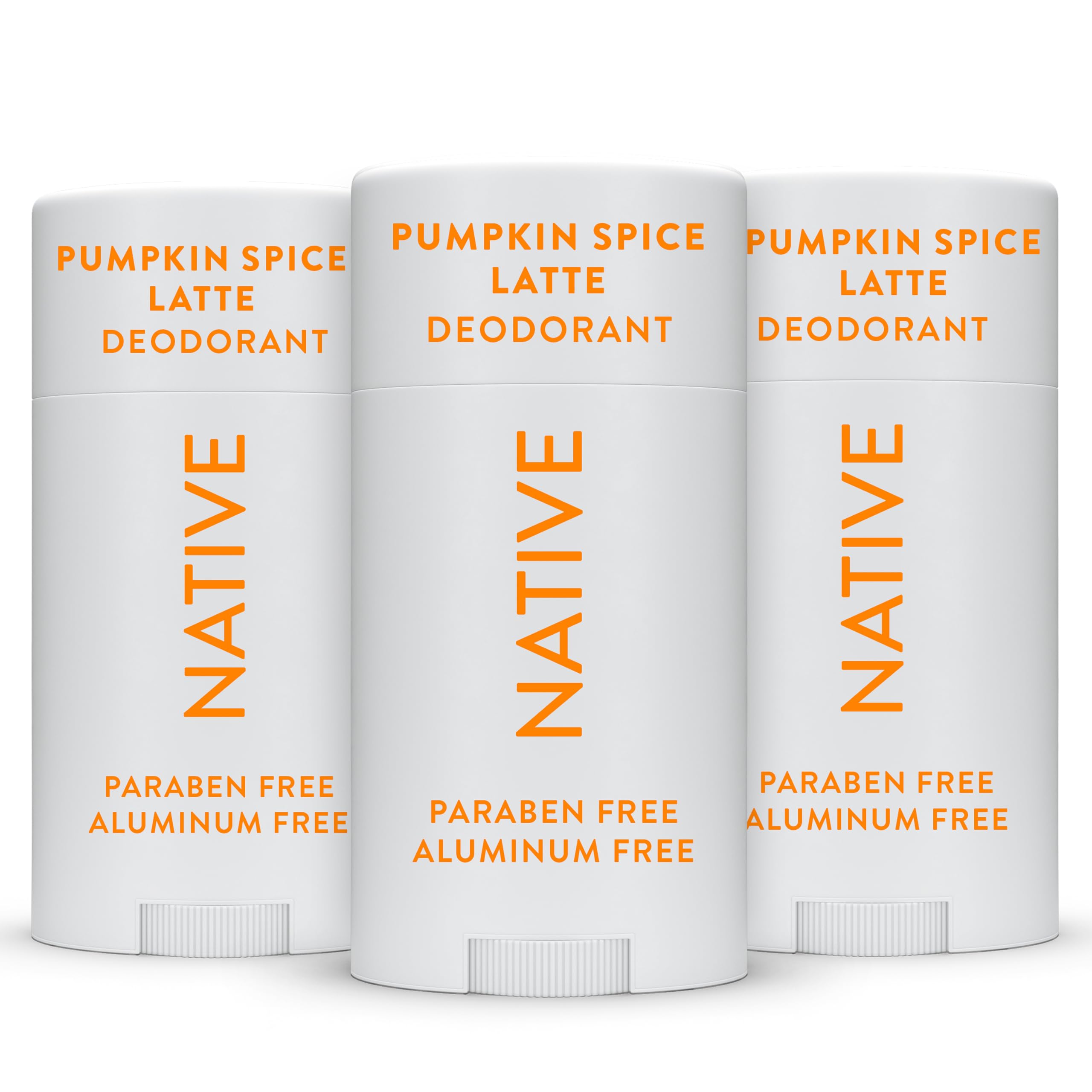 Native pumpkin spice deodorant 3-pack image shows smooth application and odor control