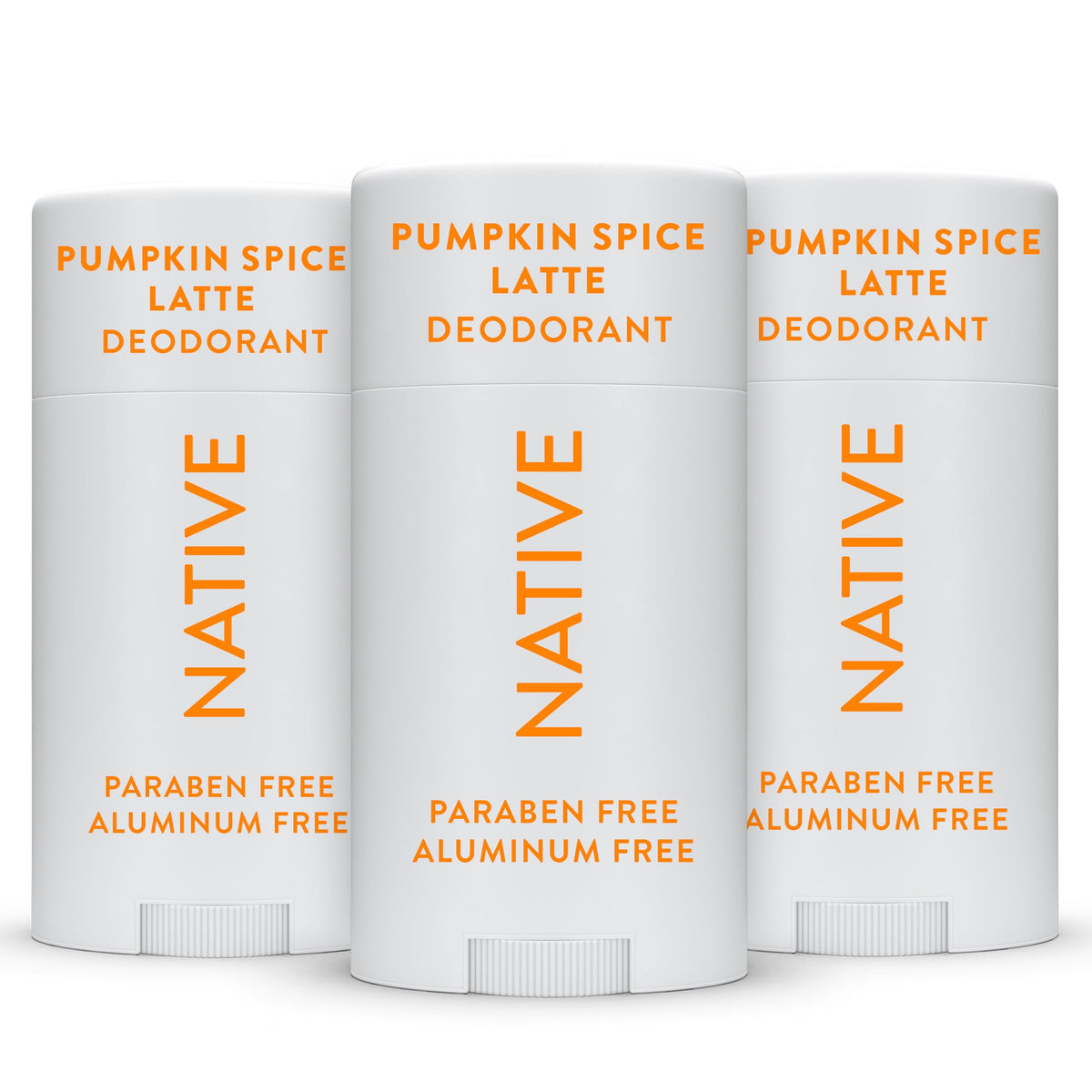 Native pumpkin spice deodorant 3-pack image shows smooth application and odor control