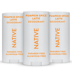 Native pumpkin spice deodorant 3-pack image shows smooth application and odor control