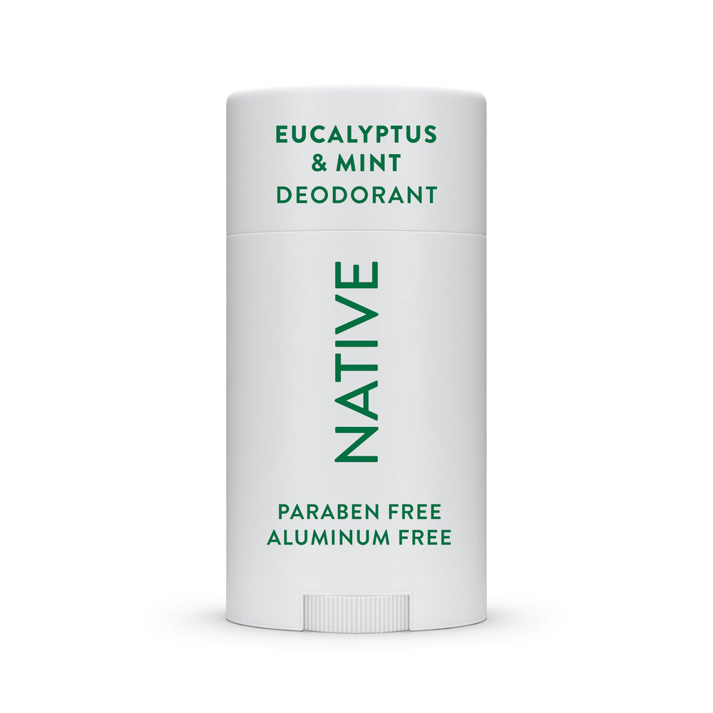 Native deodorant stick packaging with eucalyptus-mint for long-lasting freshness.