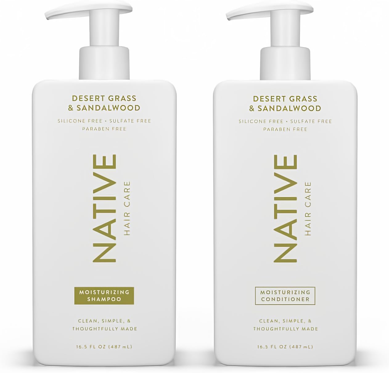 Native Desert Grass and Sandalwood shampoo bottle front shows sulfate-free cleansing for gentle daily use