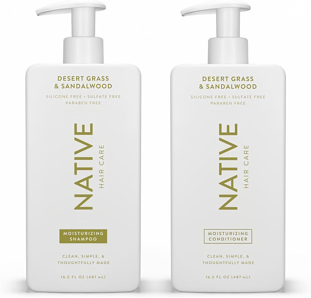 Native Desert Grass and Sandalwood shampoo bottle front shows sulfate-free cleansing for gentle daily use