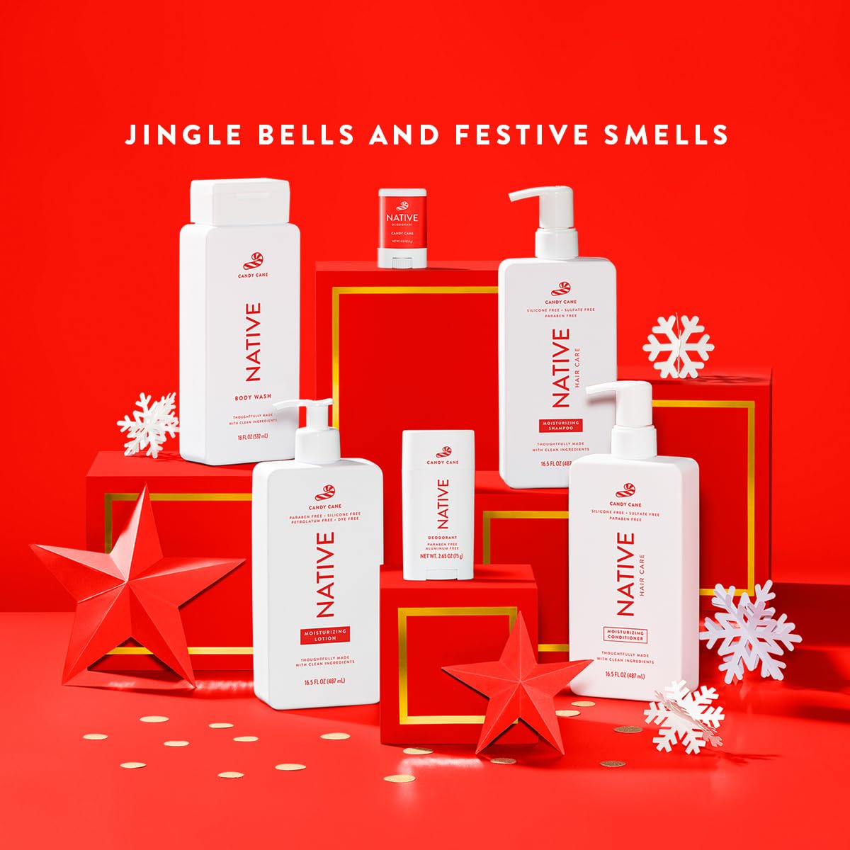 Native Holiday bundle packaging shows gift-ready, dye-free skincare set.