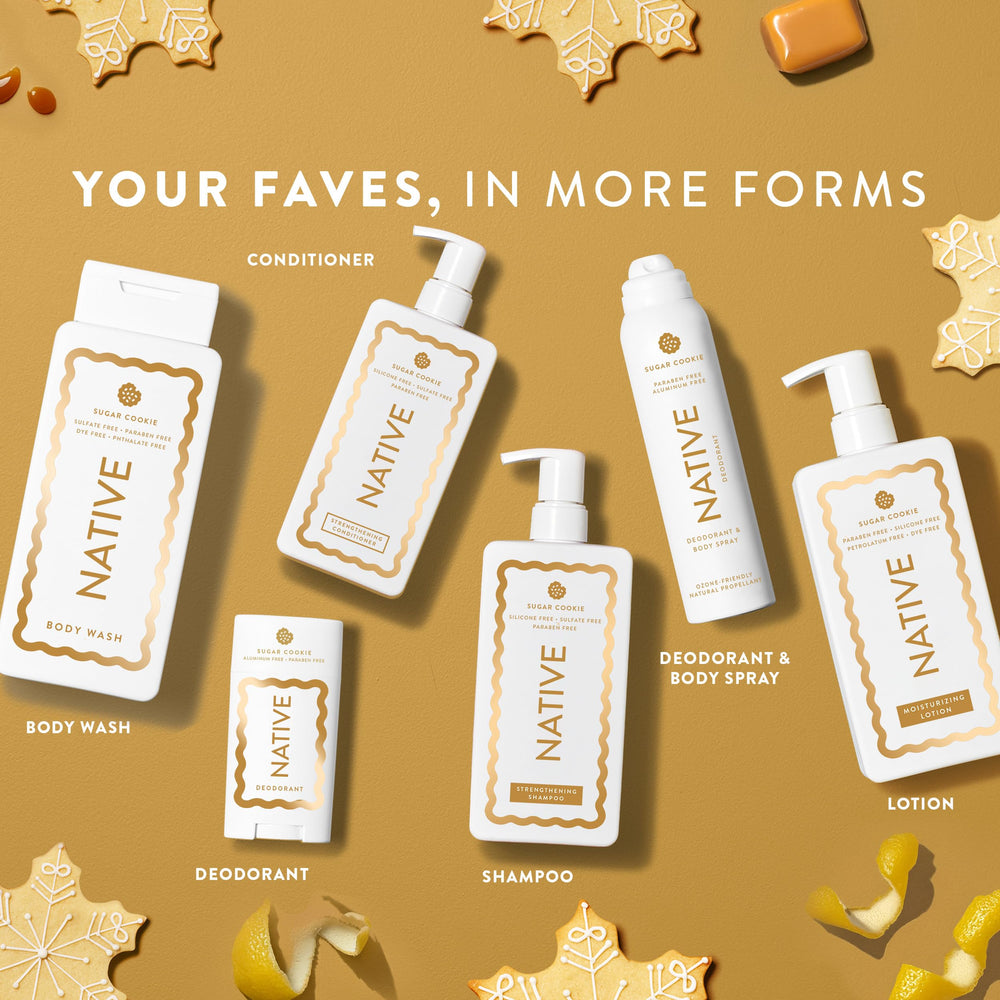 Native holiday-shoppe fresh-mistletoe packaging emphasizes festive mood and skin-friendly formula.