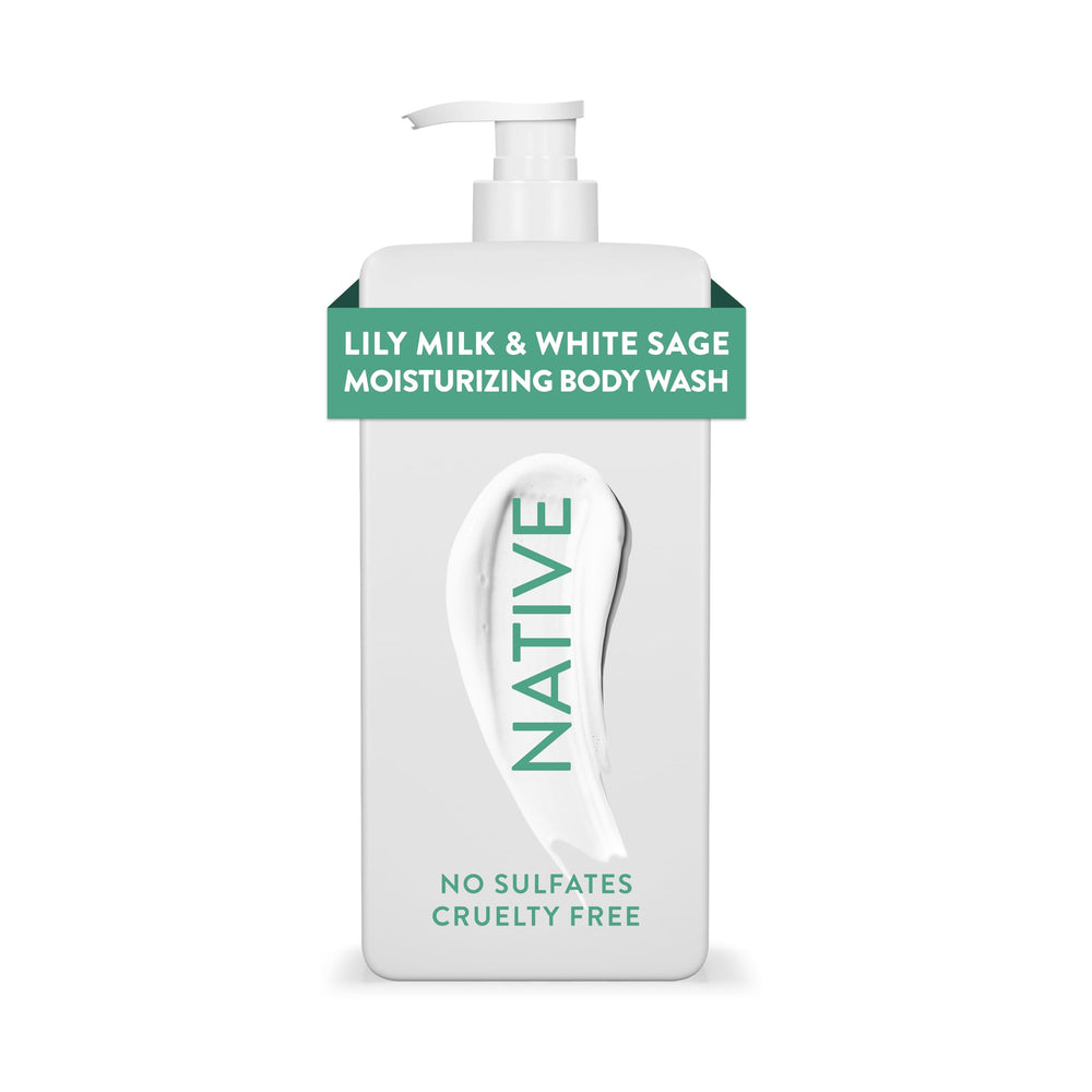 Native Lily Milk & White Sage bottle on a bathroom shelf signals 24-hour hydration.
