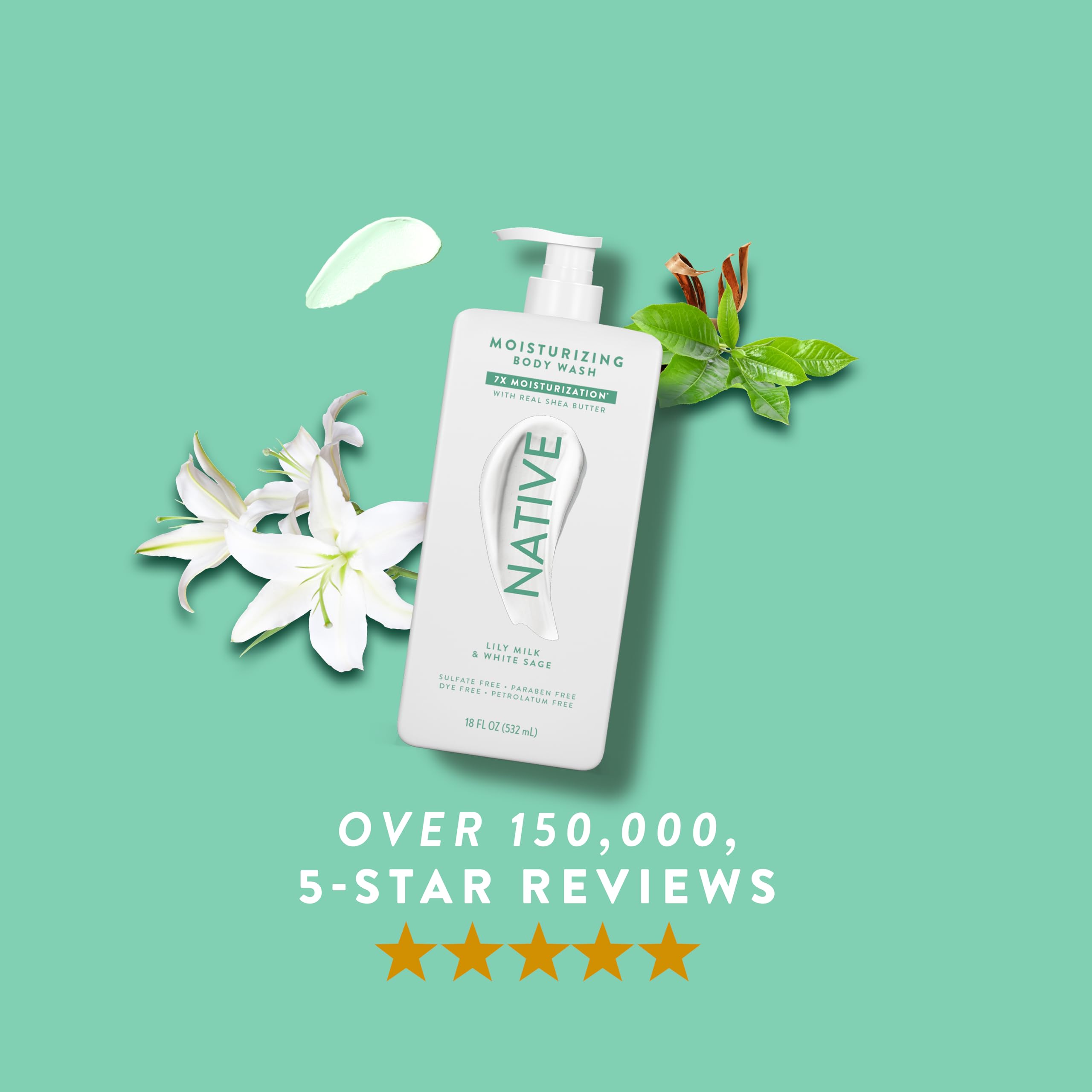 Native Lily Milk & White Sage packaging in a spa-like bathroom.