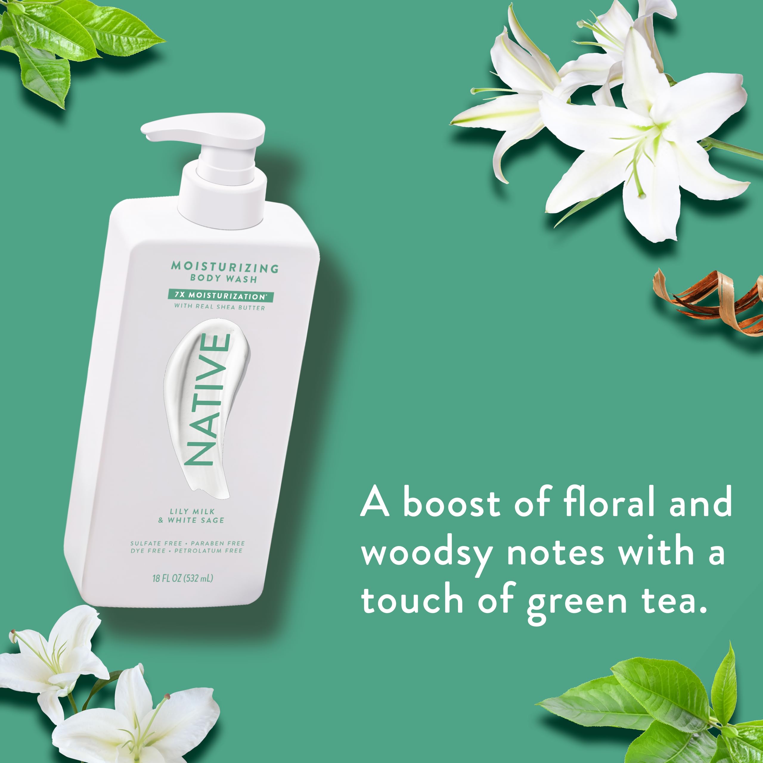 Native Lily Milk & White Sage ingredient focus with shea butter for soft skin.