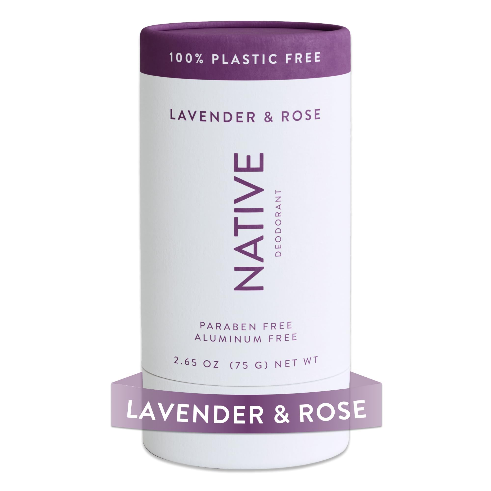 Native lavender-rose deodorant with plastic-free packaging delivering day-long odor protection.