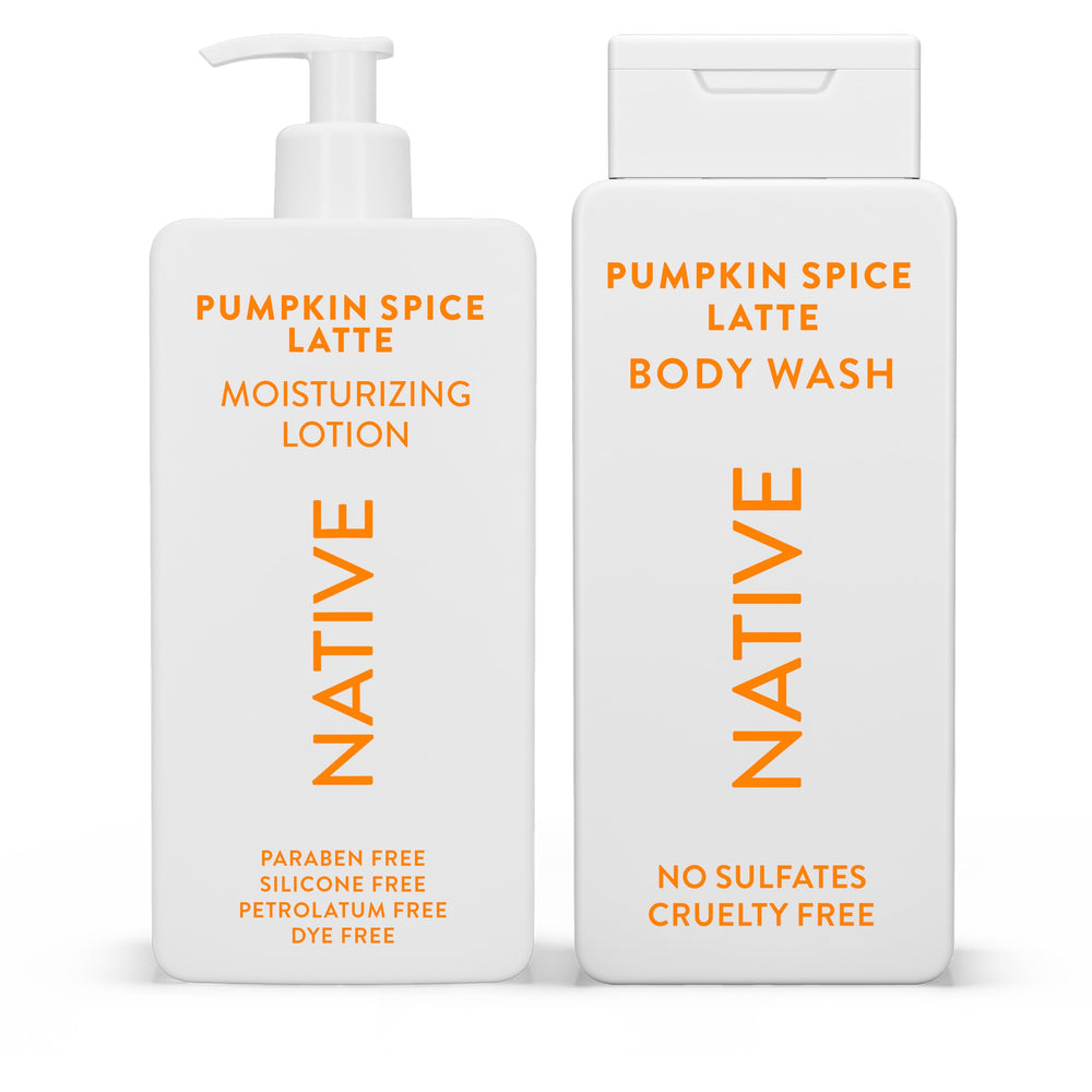 Native Pumpkin Spice Latte body wash bottle for refreshing cleanse and hydration.