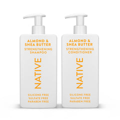 Native shampoo almond-shea-butter bottle provides gentle cleansing for all hair types.