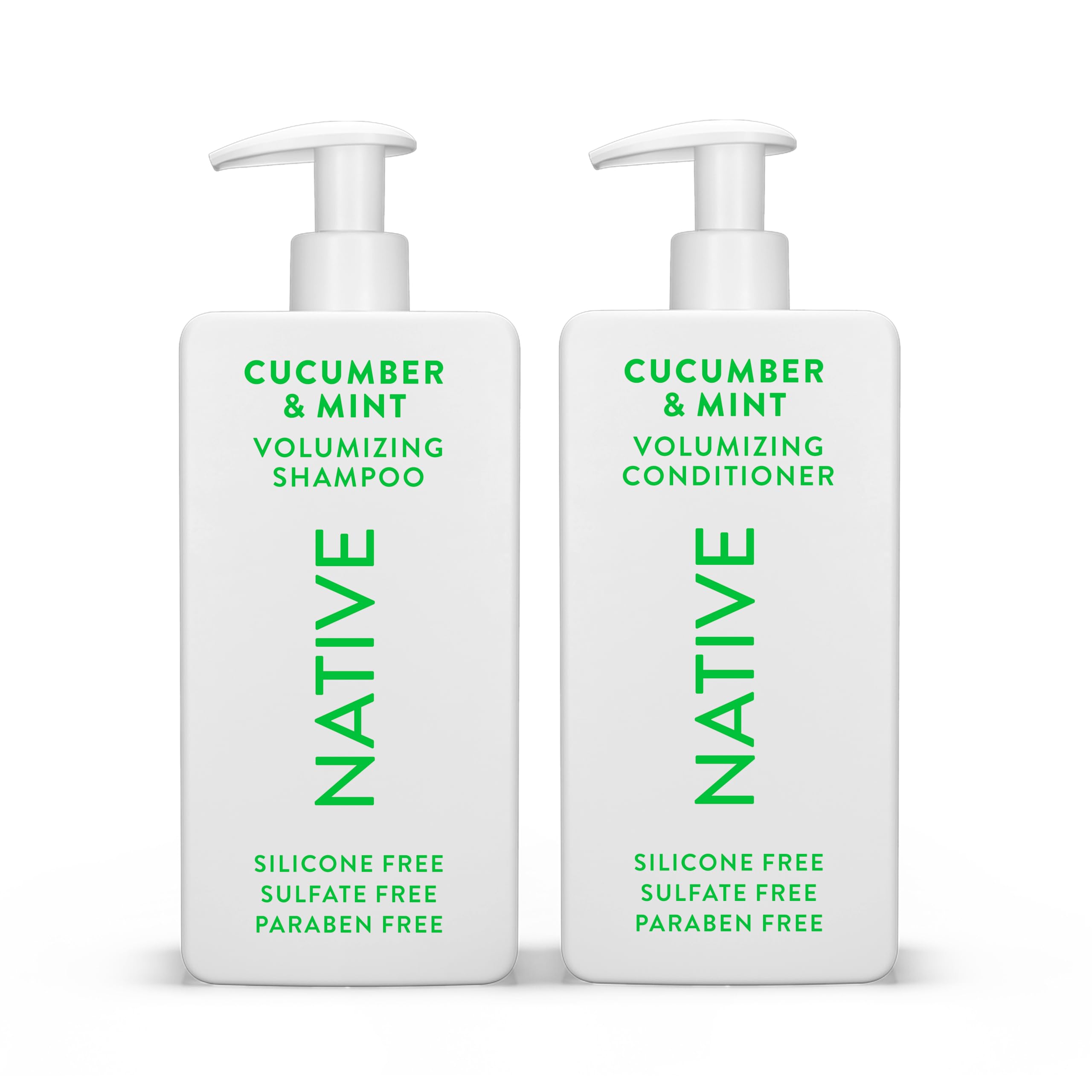 Native Shampoo cucumber mint bottle showcases refreshing cleanse for fuller, shinier hair.