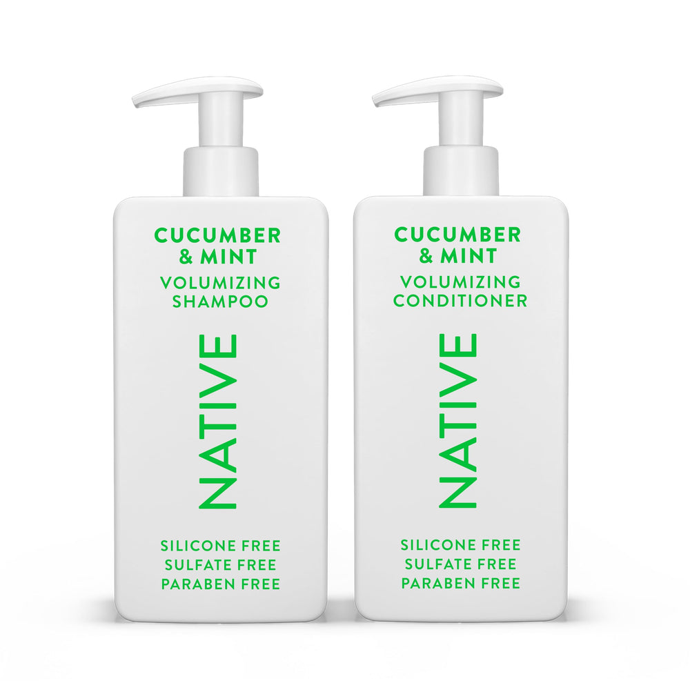 Native Shampoo cucumber mint bottle showcases refreshing cleanse for fuller, shinier hair.