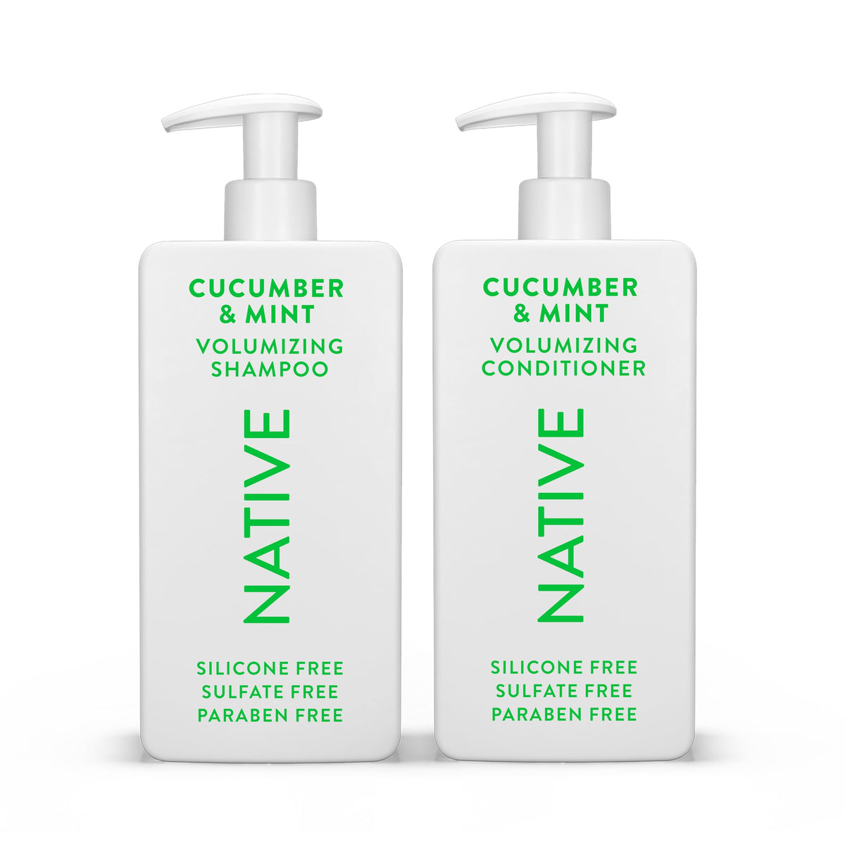 Native Shampoo cucumber mint bottle showcases refreshing cleanse for fuller, shinier hair.