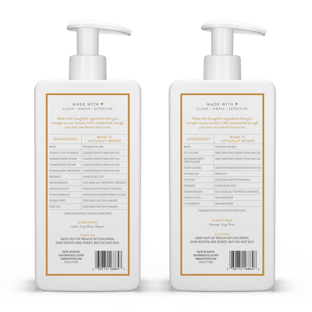 Native Sugar Cookie Conditioner bottle demonstrating detangling and shine