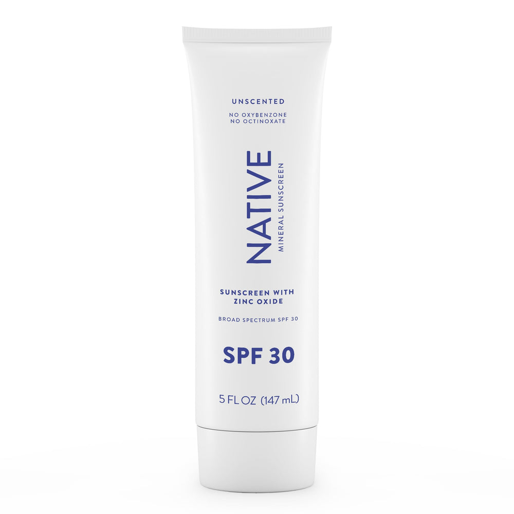 Native Sunscreen SPF 30 tube-front view shows fragrance-free protection for sensitive skin.