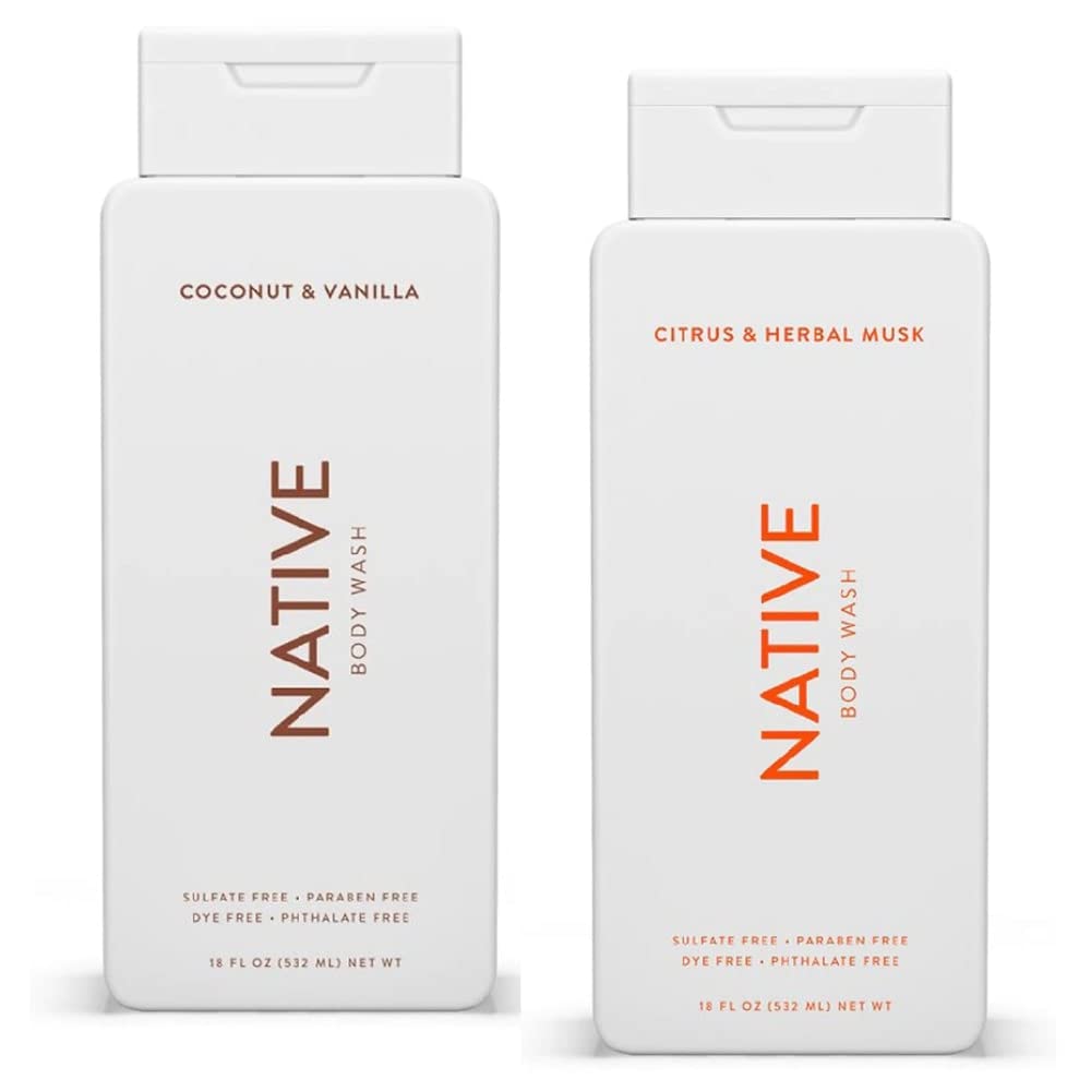 Native twin-pack body wash bottles: coconut-vanilla and citrus-herbal-musk for refreshing showers.