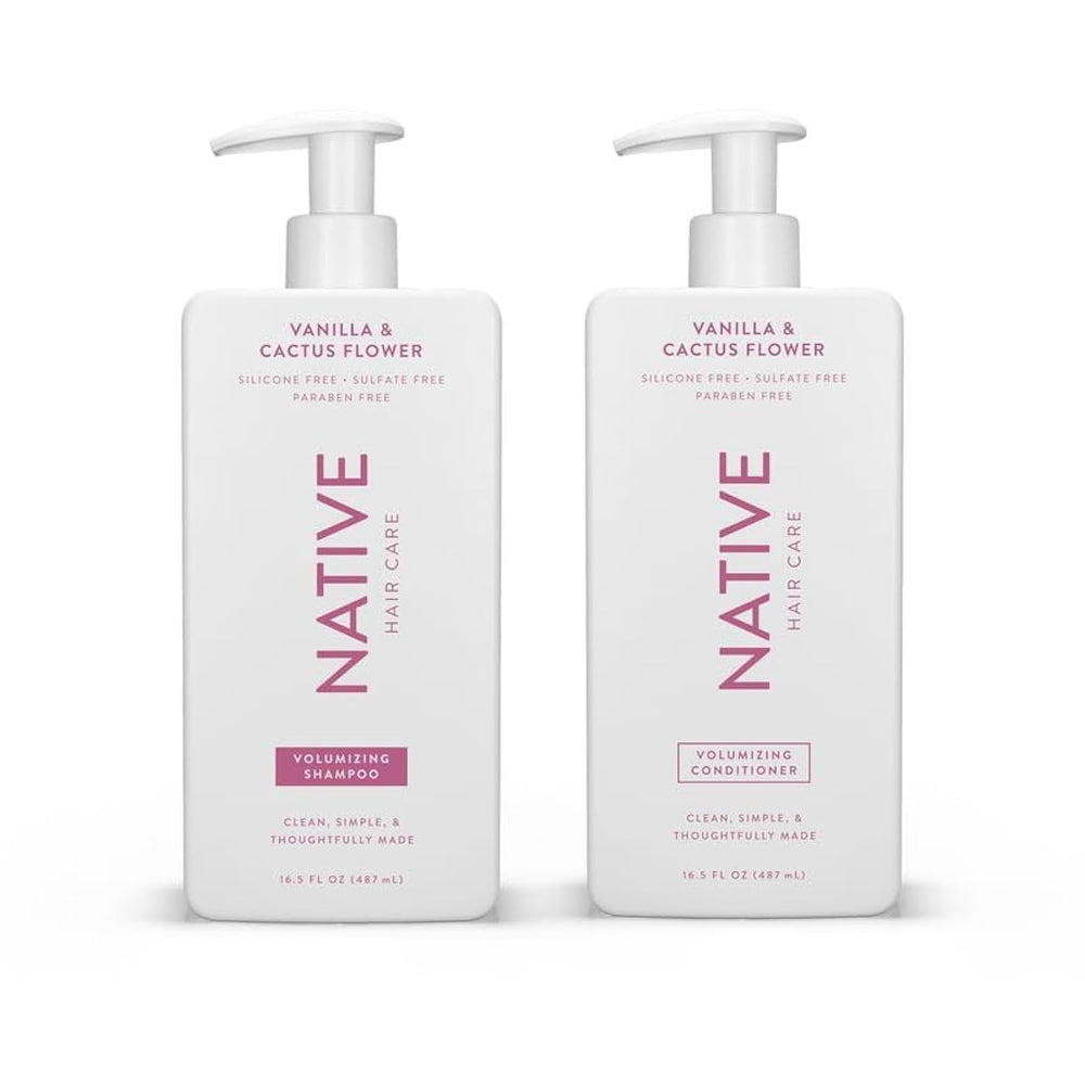 Native Vanilla and Cactus Flower shampoo bottle, volumizing formula for all hair types.