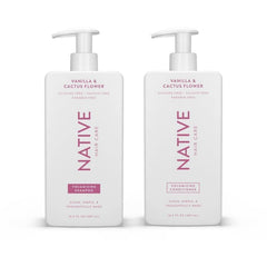 Native Vanilla and Cactus Flower shampoo bottle, volumizing formula for all hair types.