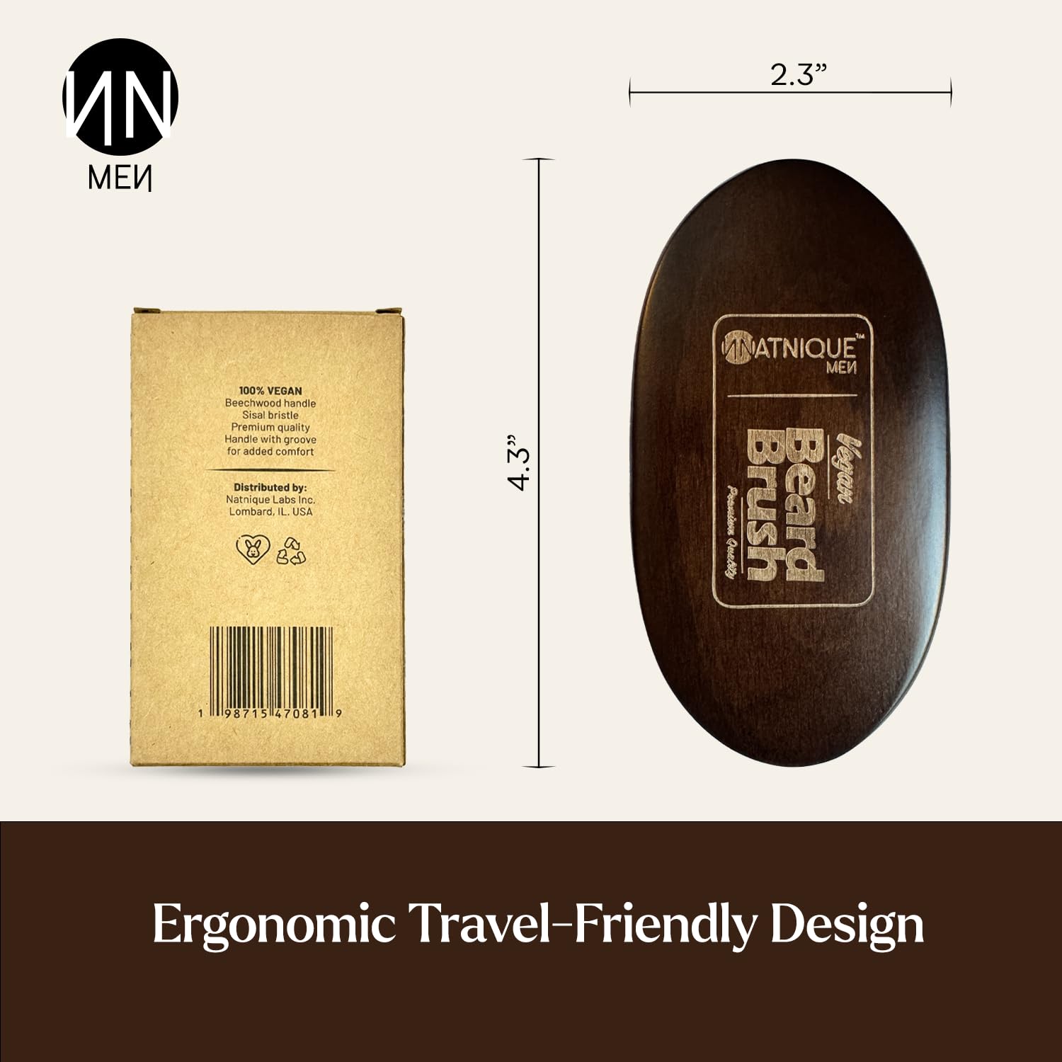 Natnique cruelty-free brand beard brush emphasizes ethical grooming.