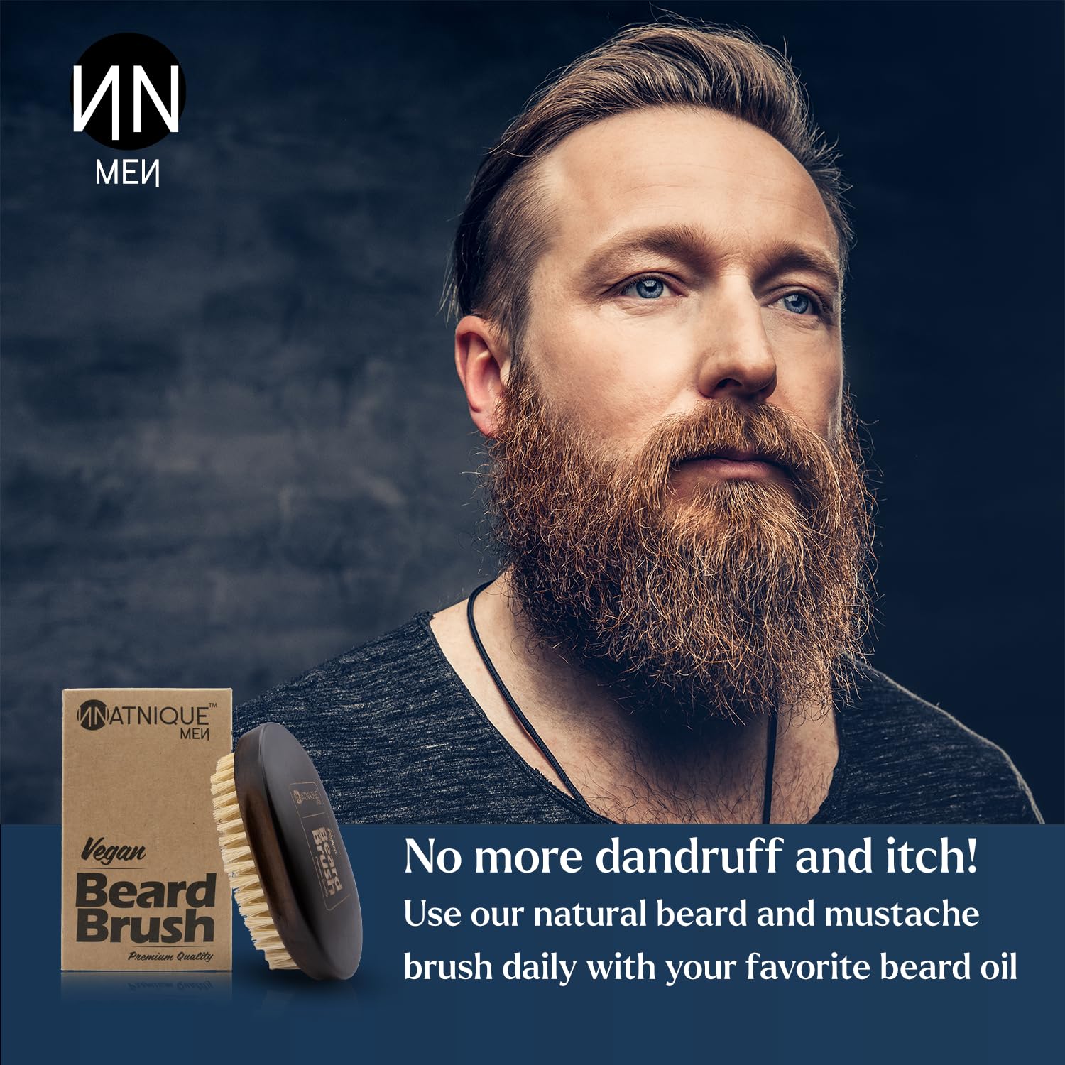 Natnique vegan beard brush ideal for daily use to distribute oils.