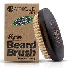 Natnique vegan beard brush with ergonomic beech handle for comfortable daily grooming.