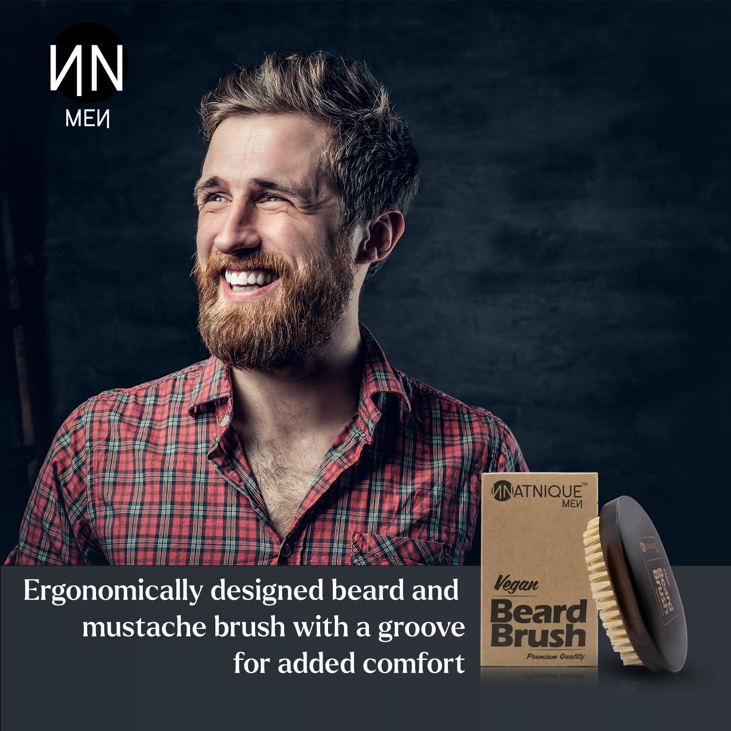 Natnique vegan beard brush natural beechwood handle with grooved grip for precise styling.