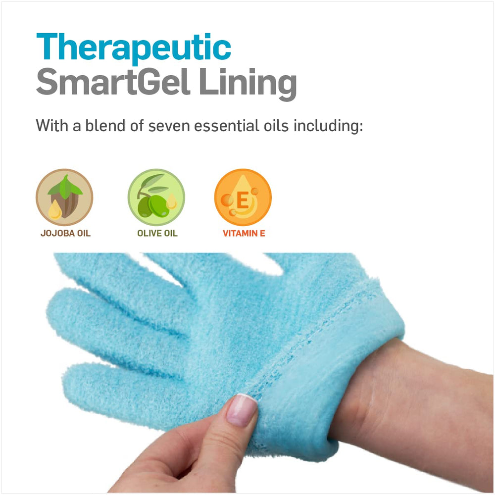 NatraCure gel gloves worn on hand showing snug fit.