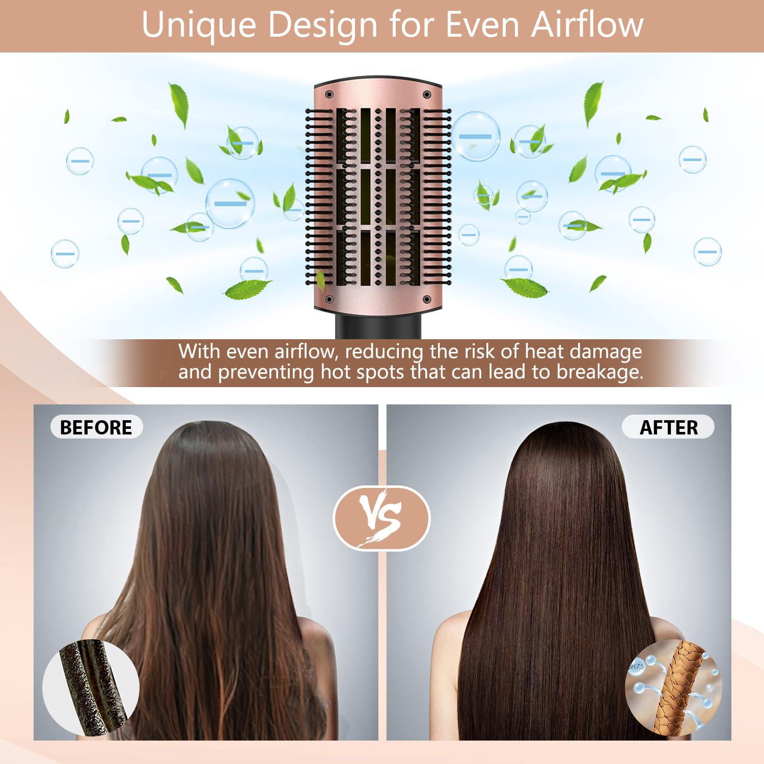 Natrial hair dryer brush nylon pins and tufted bristles detangle and smooth.