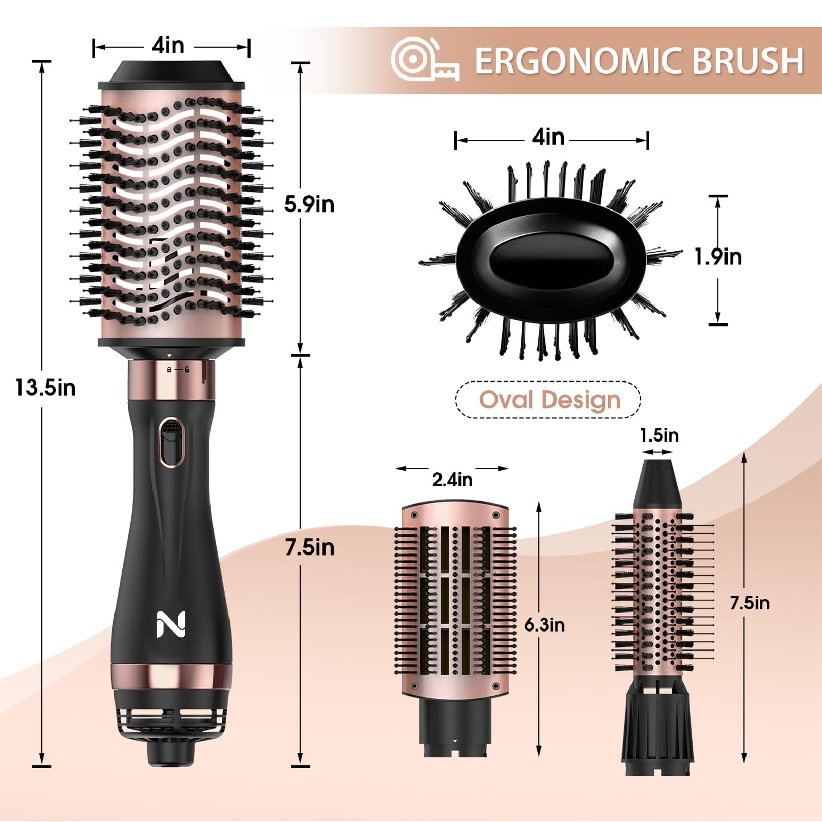 Natrial hair dryer brush ceramic coating for even heat and frizz reduction.