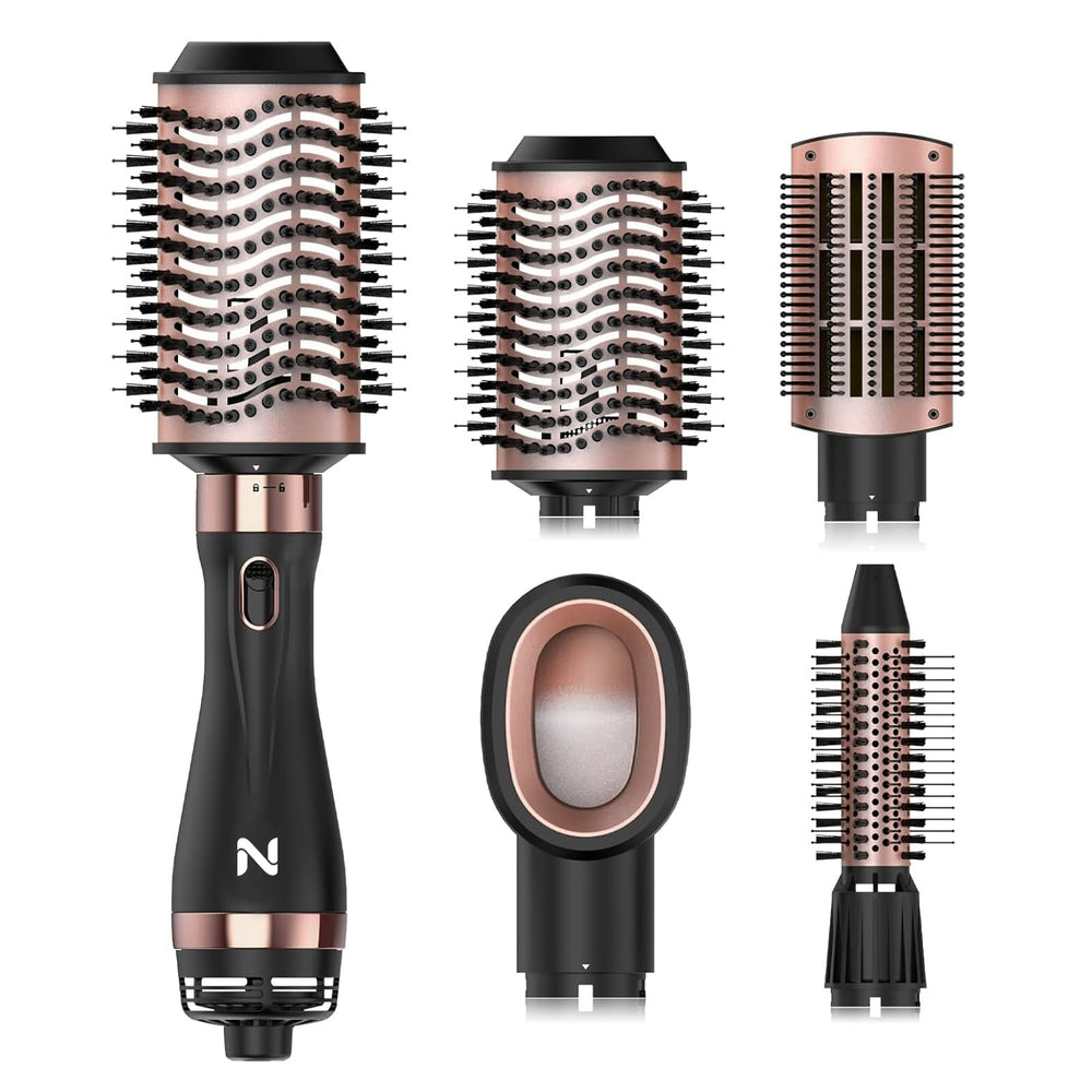 Natrial hair dryer brush with ergonomic handle for comfortable styling.