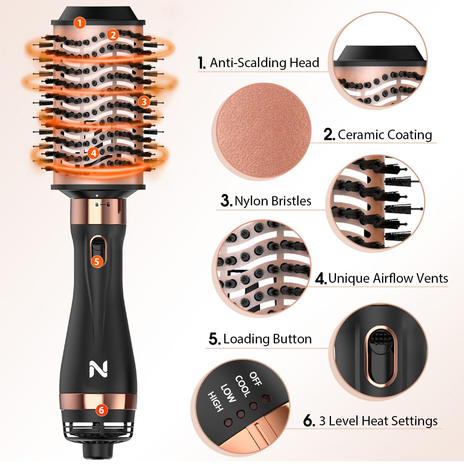 Natrial hair dryer brush in use demonstrating quick drying and volumizing power