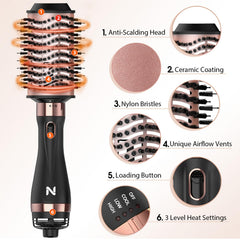 Natrial hair dryer brush showing 360° rotating cord for easy movement.
