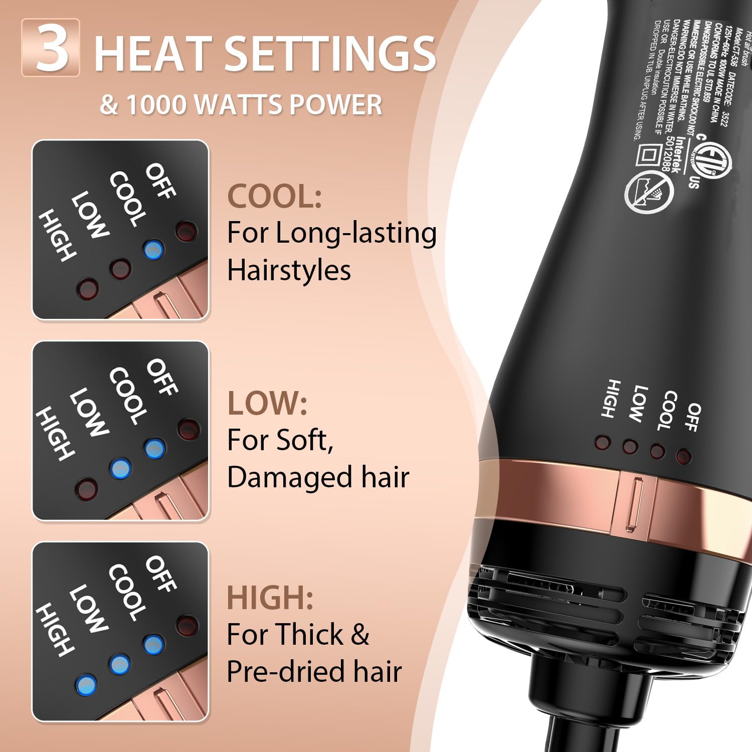 Natrial hair dryer brush ETL-certified safety features for reliable use.