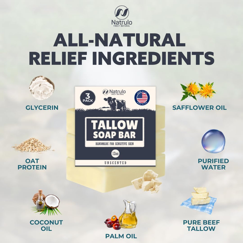 Natrulo Beef Tallow Soap Bar for dry skin suggests moisturizing cleansing.