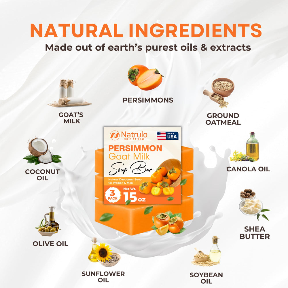 Natrulo Persimmon Goat Milk Soap shows essential oils and shea butter for hydrating skin.