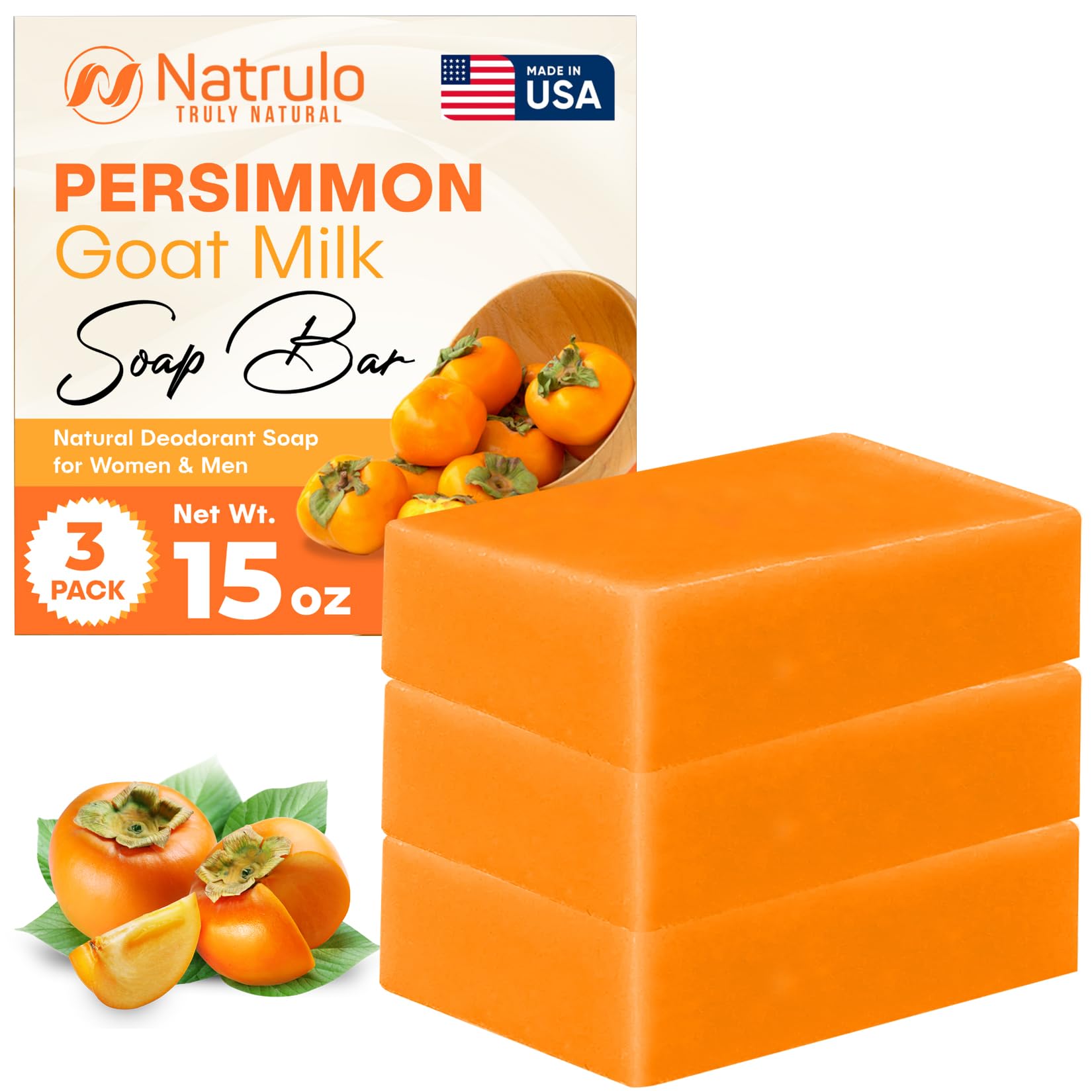 Natrulo Persimmon Soap Bar packaging highlights natural ingredients for everyday odor control.