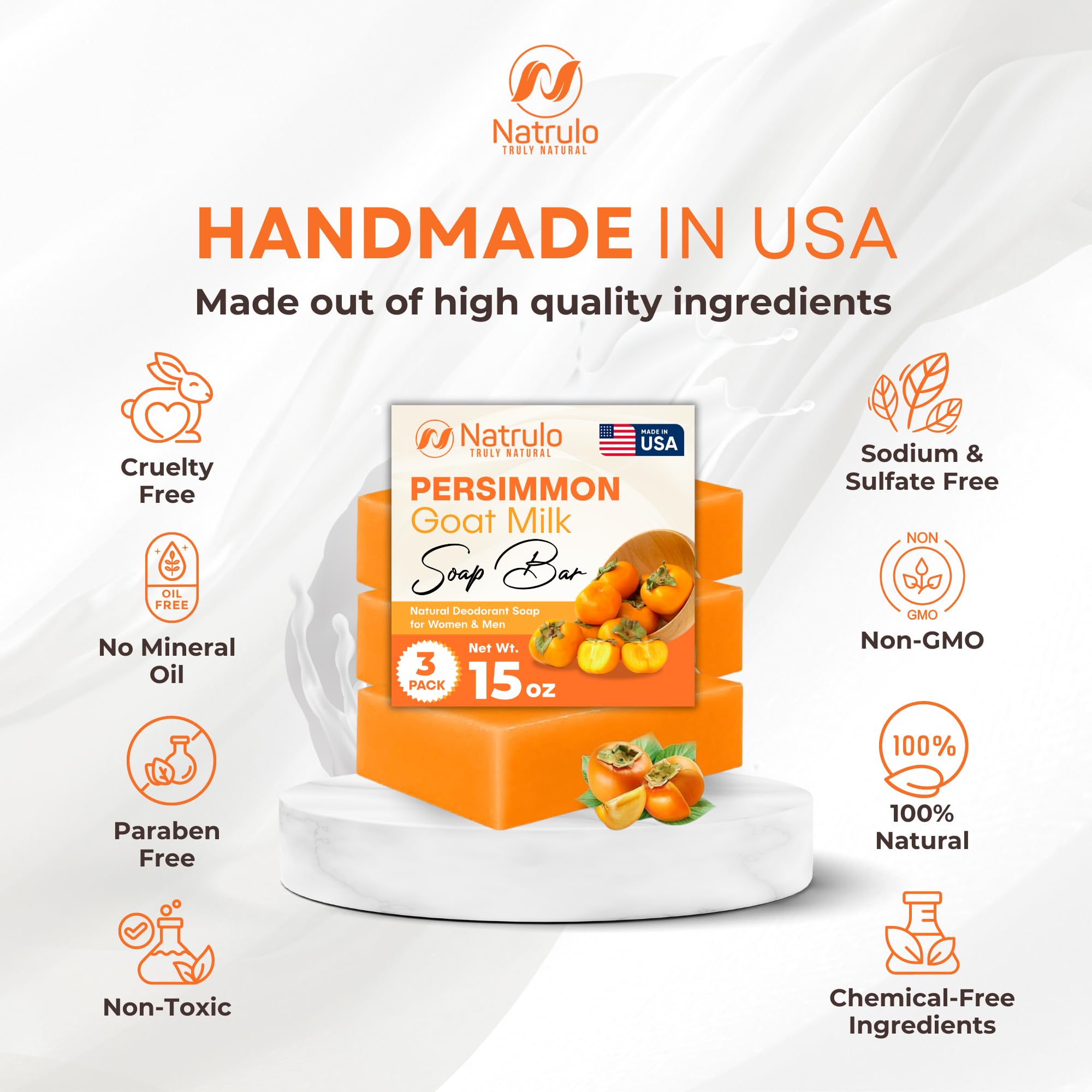 Natrulo Persimmon Soap Bar on the sink supports a daily cleansing ritual with natural odor control.