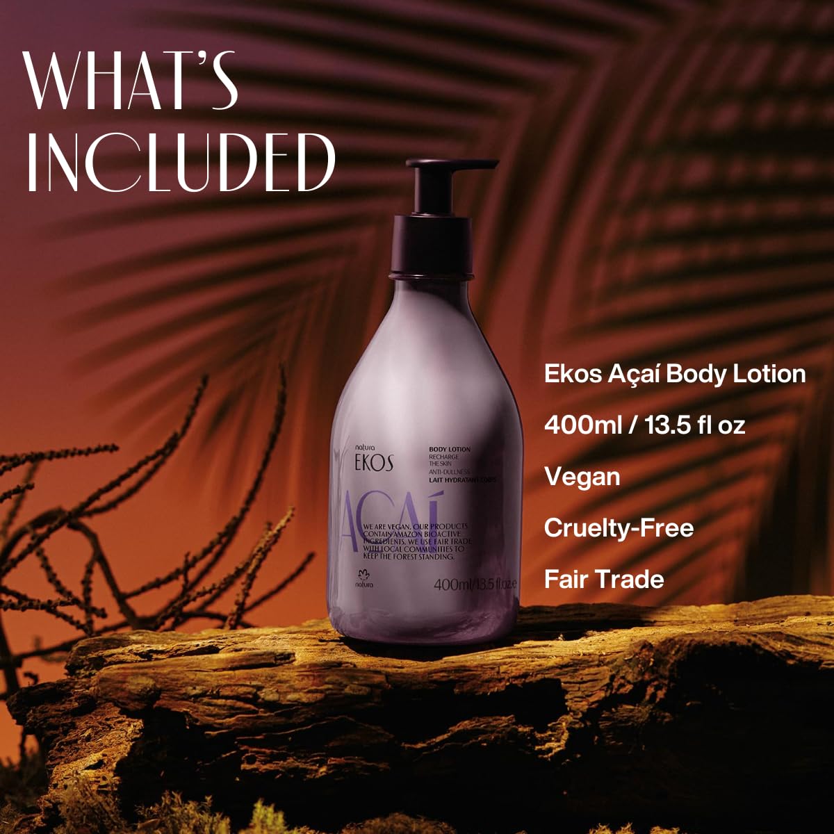 Natura Açaí Body Lotion pump close-up shows easy application and quick absorption.