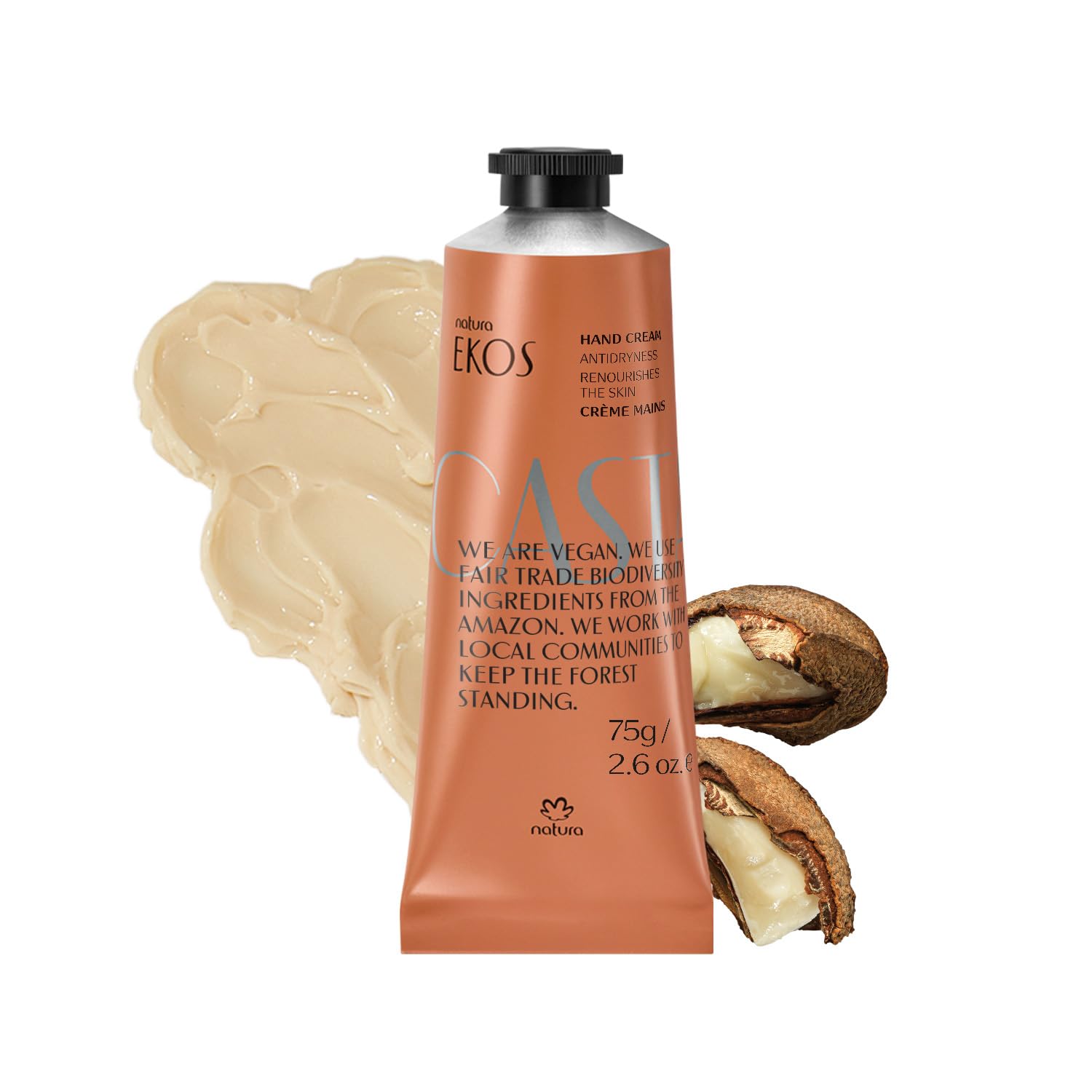 Natura Brazil Nut Hand Cream tube close-up highlighting deep hydration and smooth finish.