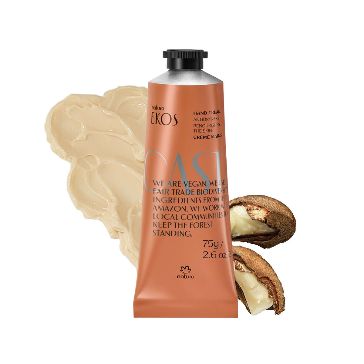 Natura Brazil Nut Hand Cream tube close-up highlighting deep hydration and smooth finish.