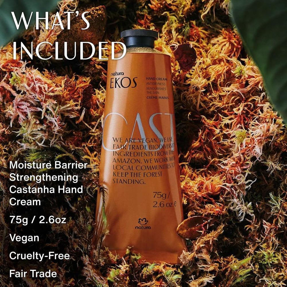 Natura castanha oil pour illustration emphasizes nourishing omega-rich formula for dry hands.