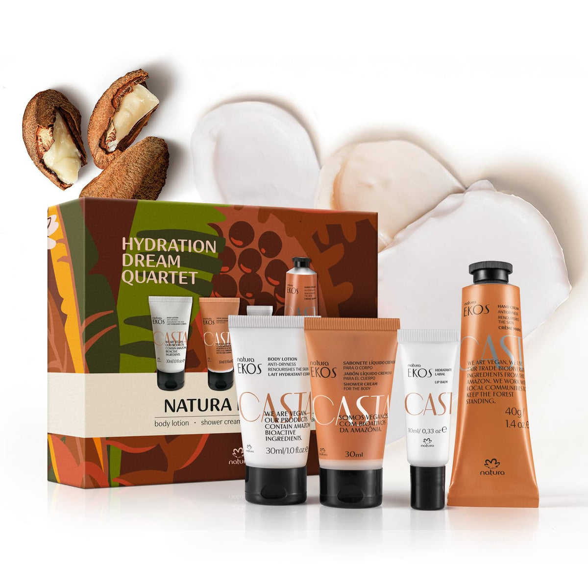 Natura Castanha oil bottle offers deep hydration from omega-rich Castanha oil.