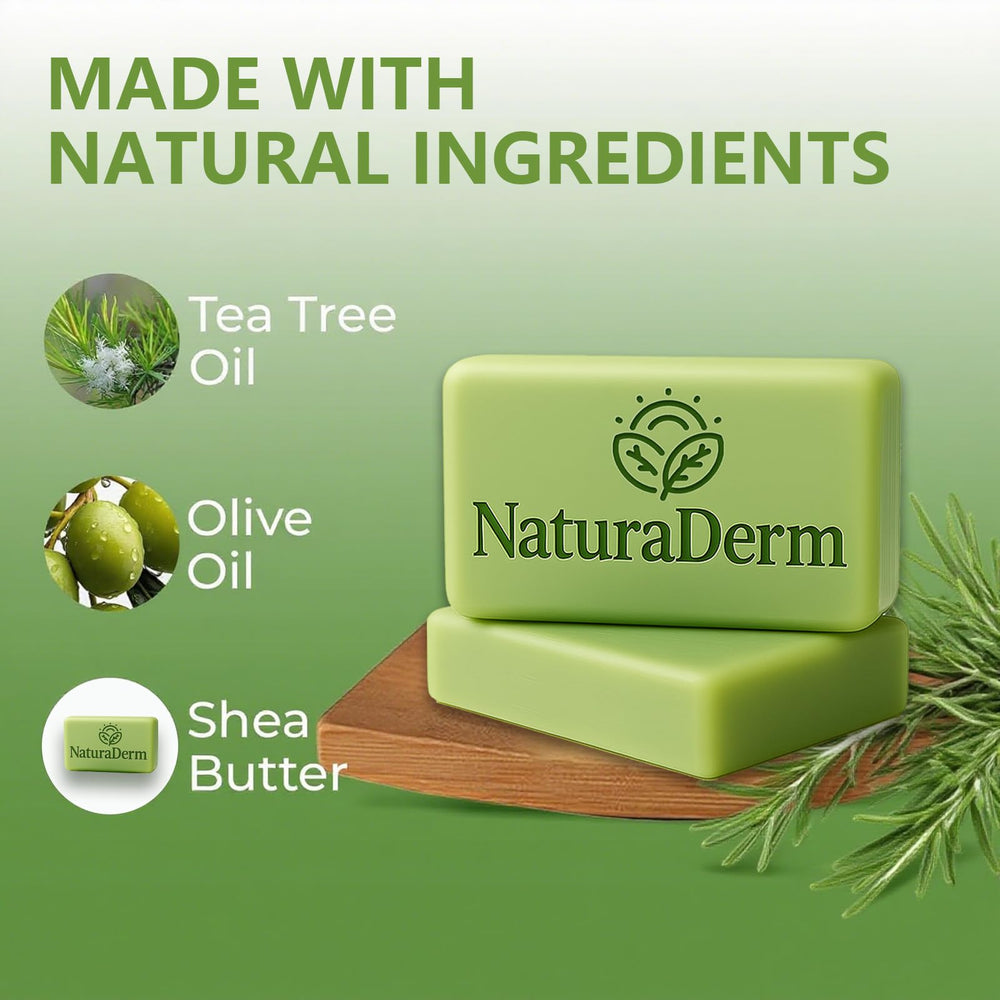Natura Derm Tea Tree Soap ingredients highlight tea tree oil and natural antibacterial notes.