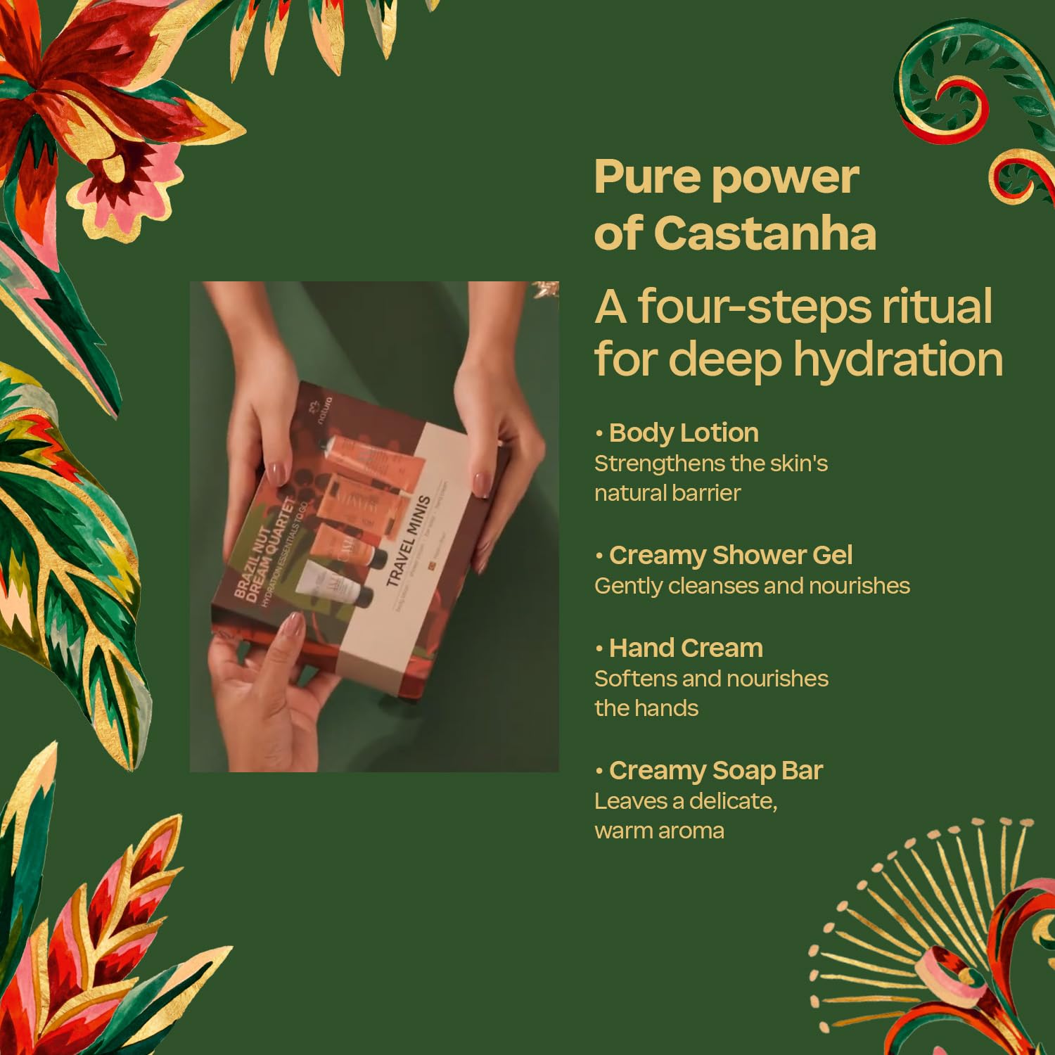 Natura Eco-friendly sourcing highlights rainforest ingredients from the Amazon.