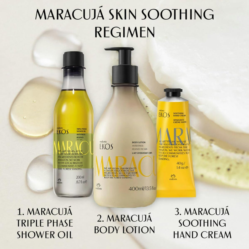 Natura Ekos Passion Fruit lotion label communicates lasting hydration concept